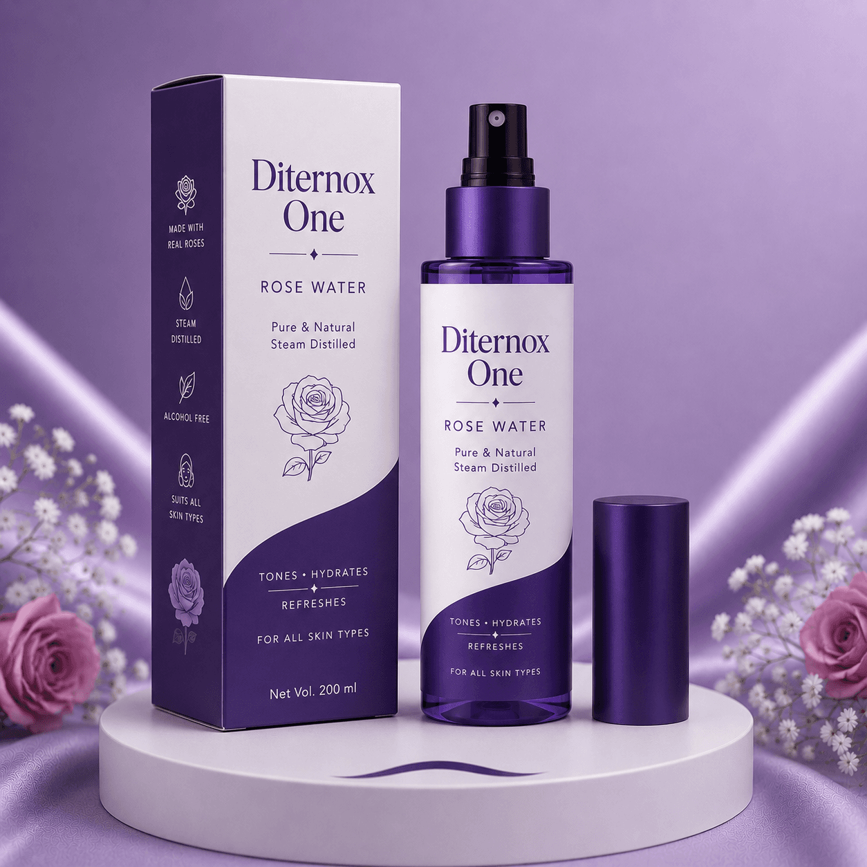 Diternox One Rose Water 200 Ml | Pure & Natural | Steam Distilled | Tones, Hydrates & Refreshes | For All Skin Types